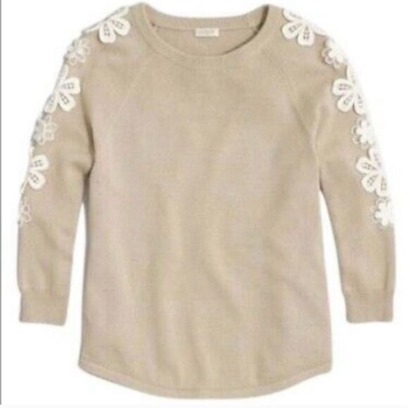 J. Crew Lace Crochet Sleeve Flower Embellished Appliqué Sweater - Picture 8 of 8
